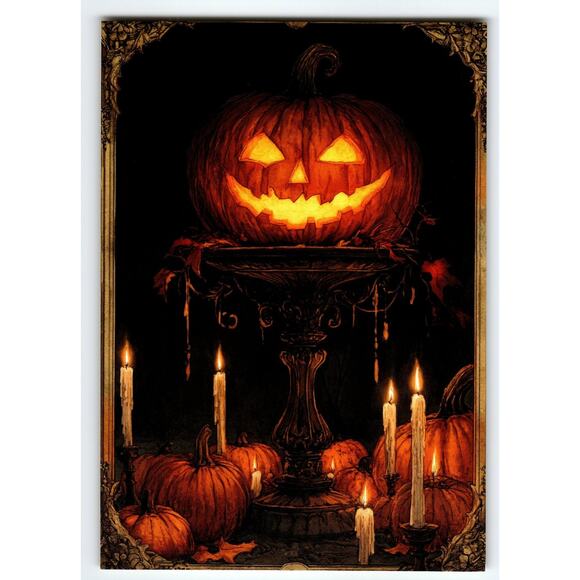 Vintage Halloween Photochrome Postcard Jack-O'-Lantern & Candles 5.5x4" - Picture 1 of 2